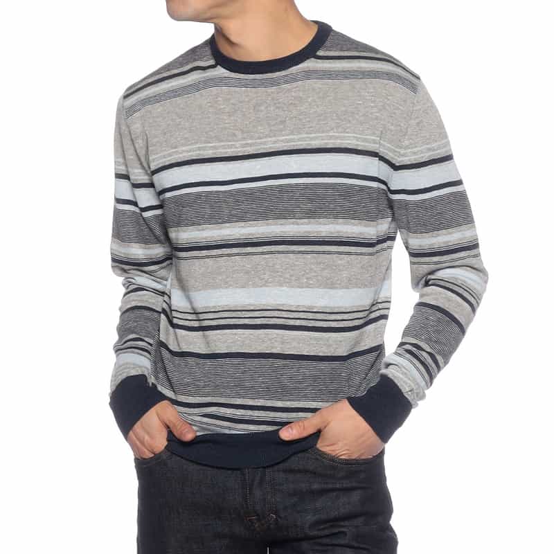 BARNEYS NEW YORK マルチボーダーリネンコットンニットプルオーバー NAVY