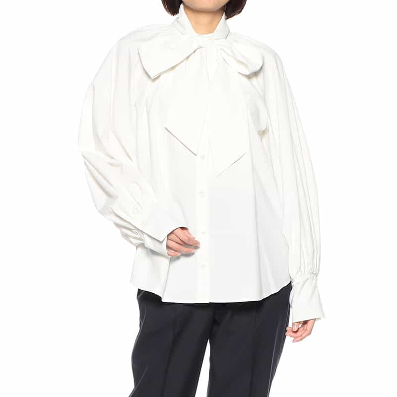 BARNEYS NEW YORK ウォッシャブル ボウタイ付きバンドカラーブラウス WHITE