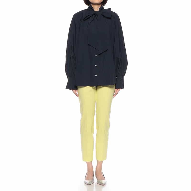 BARNEYS NEW YORK ウォッシャブル ボウタイ付きバンドカラーブラウス NAVY