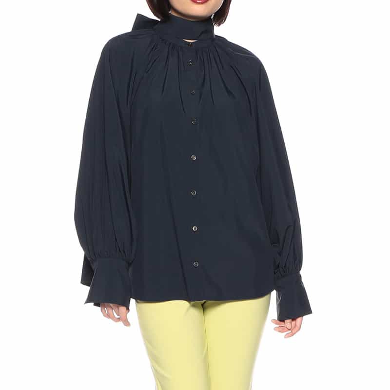 BARNEYS NEW YORK ウォッシャブル ボウタイ付きバンドカラーブラウス NAVY