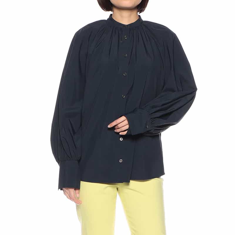 BARNEYS NEW YORK ウォッシャブル ボウタイ付きバンドカラーブラウス NAVY