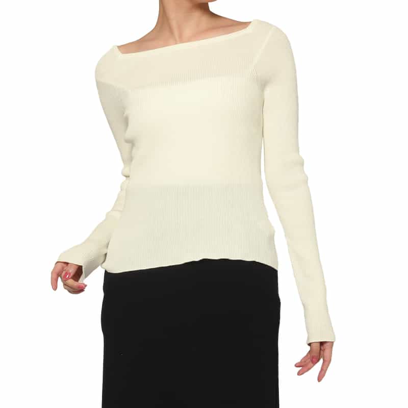 ウォッシャブル コットン素材 スクエアネック ホールガーメントリブニットプルオーバー