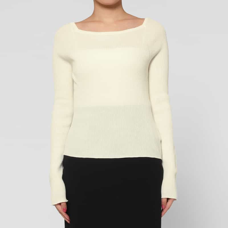 BARNEYS NEW YORK ウォッシャブル コットン素材 スクエアネック ホールガーメントリブニットプルオーバー OFF WHITE