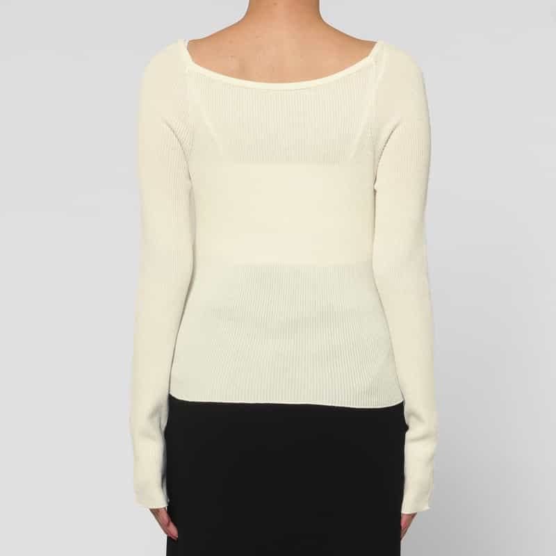 BARNEYS NEW YORK ウォッシャブル コットン素材 スクエアネック ホールガーメントリブニットプルオーバー OFF WHITE