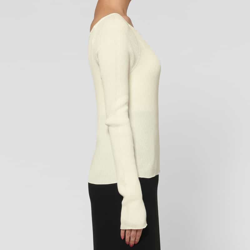 BARNEYS NEW YORK ウォッシャブル コットン素材 スクエアネック ホールガーメントリブニットプルオーバー OFF WHITE