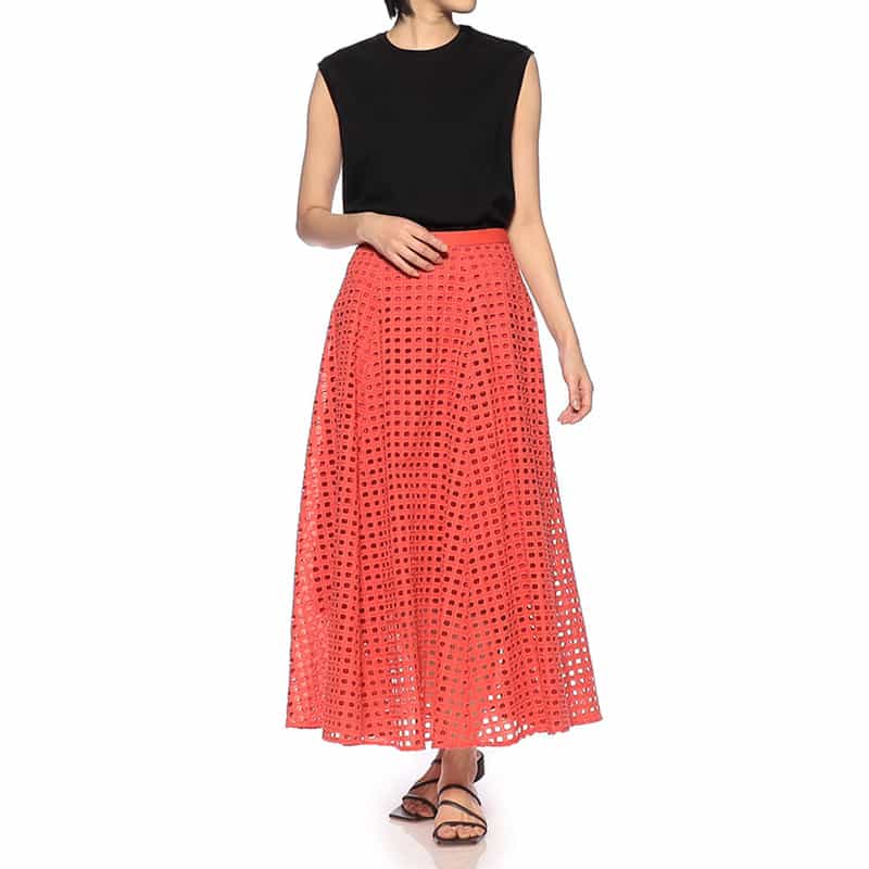 BARNEYS NEW YORK ウォッシャブル カットワークレーススカート RED