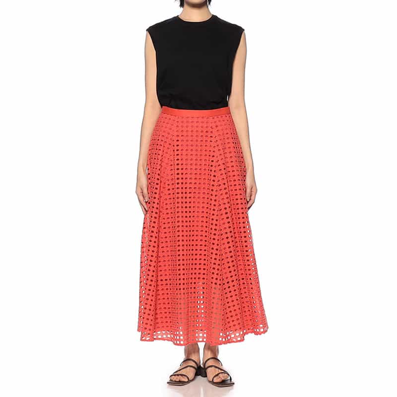 BARNEYS NEW YORK ウォッシャブル カットワークレーススカート RED