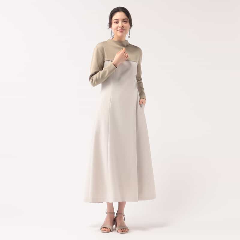 BARNEYS NEW YORK 異素材コンビネーションフレアドレス BEIGE