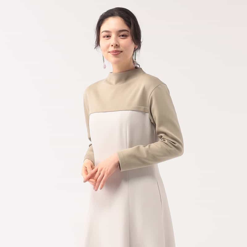 BARNEYS NEW YORK 異素材コンビネーションフレアドレス BEIGE