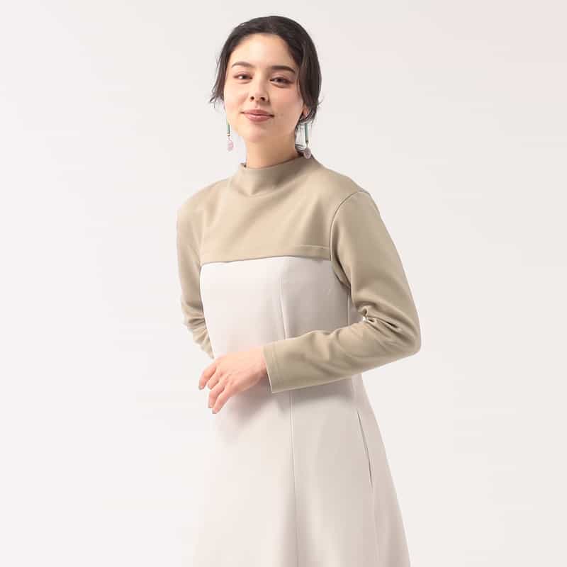 BARNEYS NEW YORK 異素材コンビネーションフレアドレス BEIGE