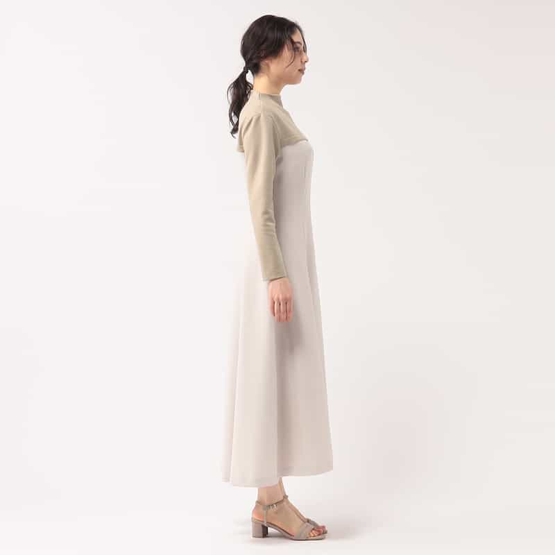 BARNEYS NEW YORK 異素材コンビネーションフレアドレス BEIGE
