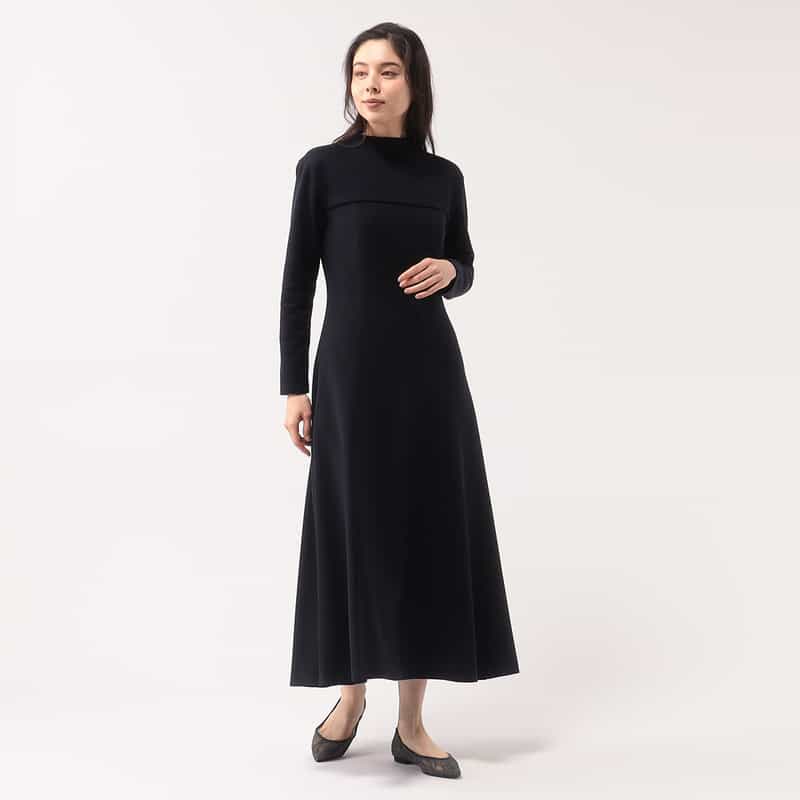 BARNEYS NEW YORK 異素材コンビネーションフレアドレス NAVY