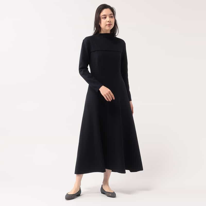 BARNEYS NEW YORK 異素材コンビネーションフレアドレス NAVY