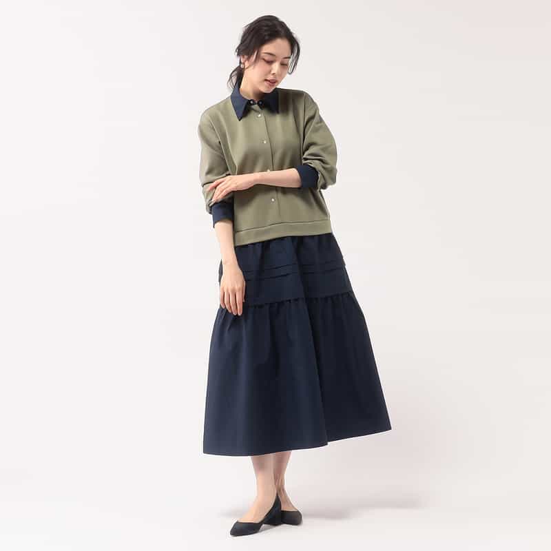 BARNEYS NEW YORK 異素材コンビネーションAラインドレス KHAKI