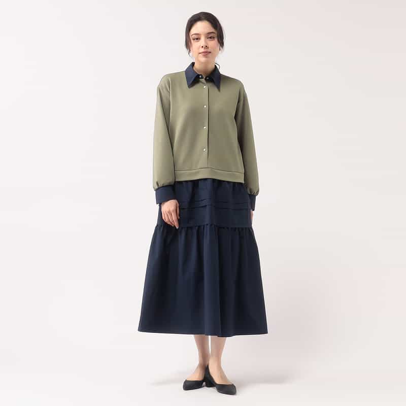 BARNEYS NEW YORK 異素材コンビネーションAラインドレス KHAKI