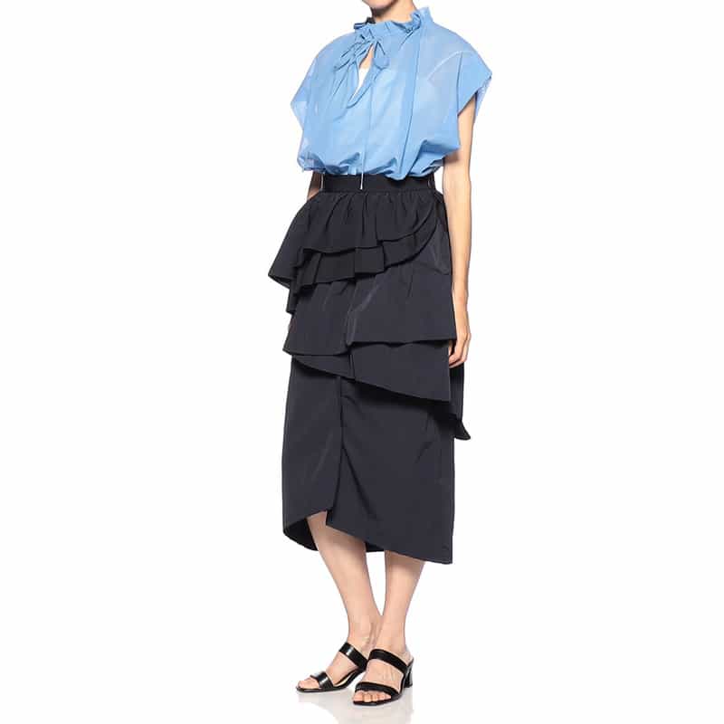 BARNEYS NEW YORK ウォッシャブル オーガンジー素材フリルブラウス LIGHT BLUE