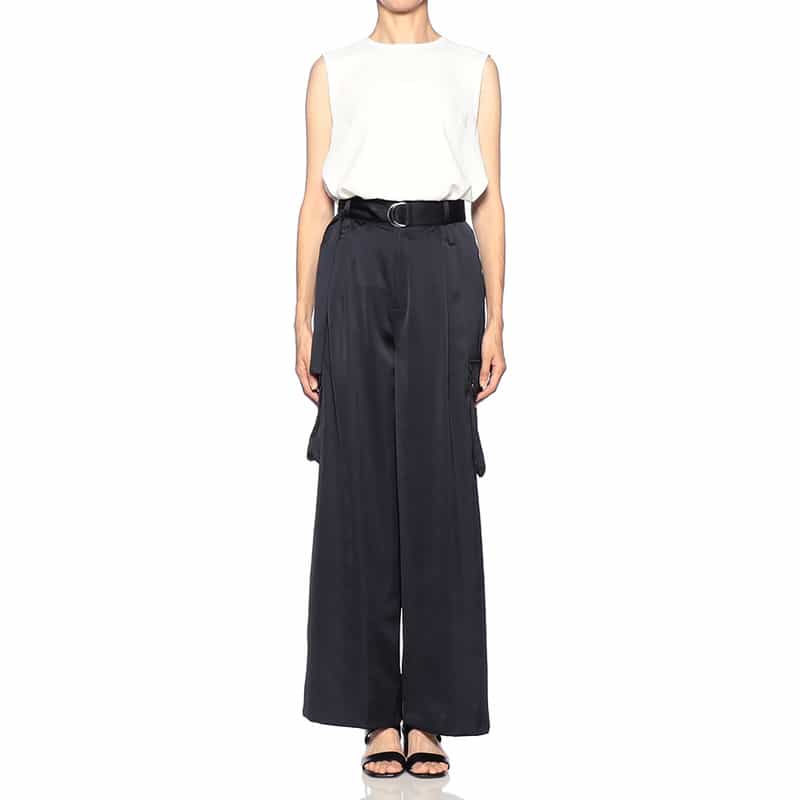 BARNEYS NEW YORK ハイウエスト サテンパンツ NAVY