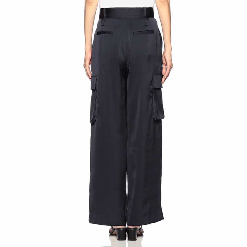 BARNEYS NEW YORK ハイウエスト サテンパンツ NAVY