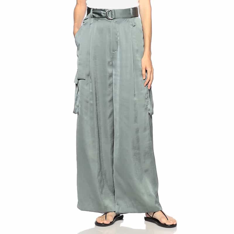 BARNEYS NEW YORK ハイウエスト サテンパンツ BLUE GREEN