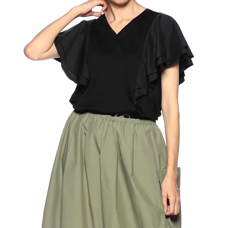 BARNEYS NEW YORK ウォッシャブル フリルスリーブカットソー BLACK