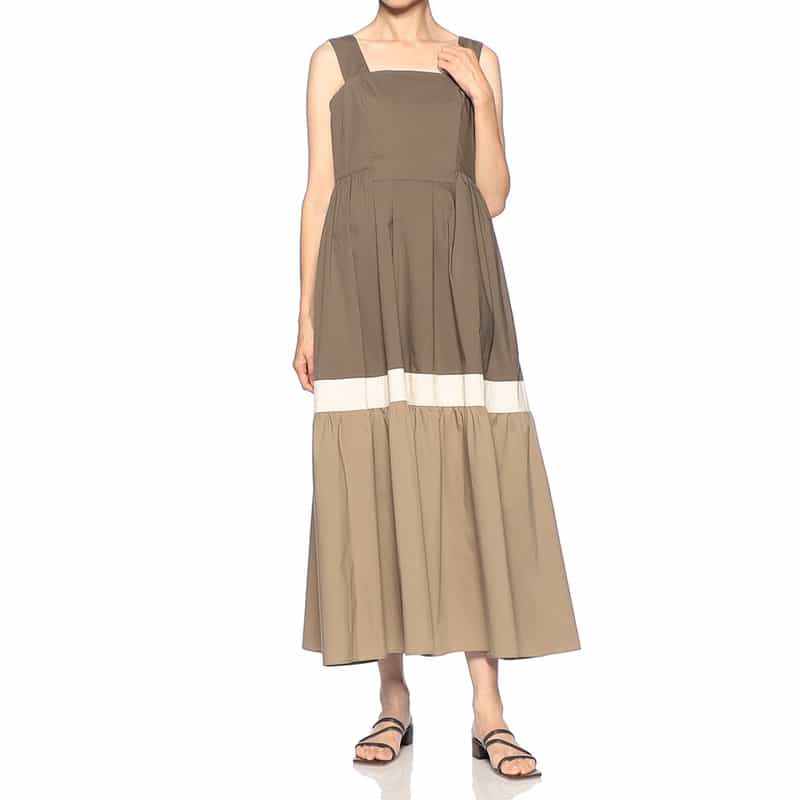 BARNEYS NEW YORK ウォッシャブル ティアードマキシドレス KHAKI
