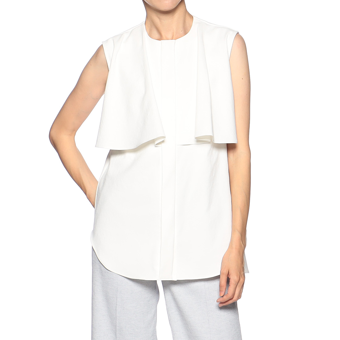 ウォッシャブル ラッフルノースリーブブラウス