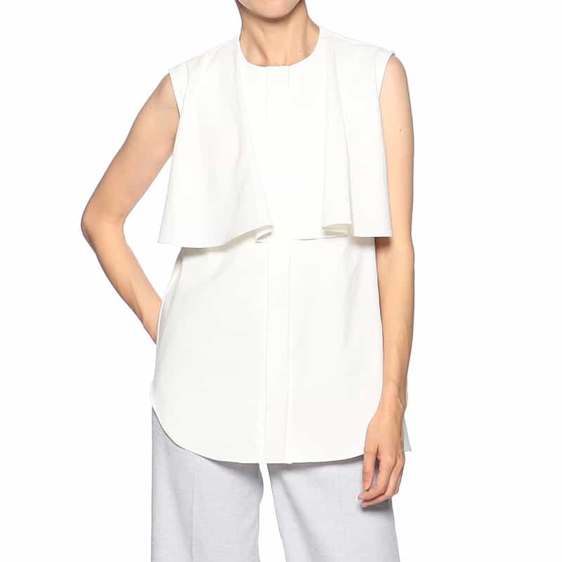 BARNEYS NEW YORK ウォッシャブル ラッフルノースリーブブラウス WHITE