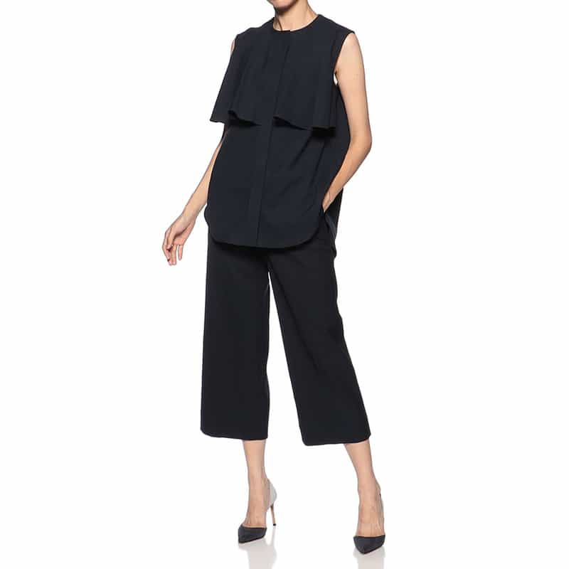 BARNEYS NEW YORK ウォッシャブル ラッフルノースリーブブラウス NAVY