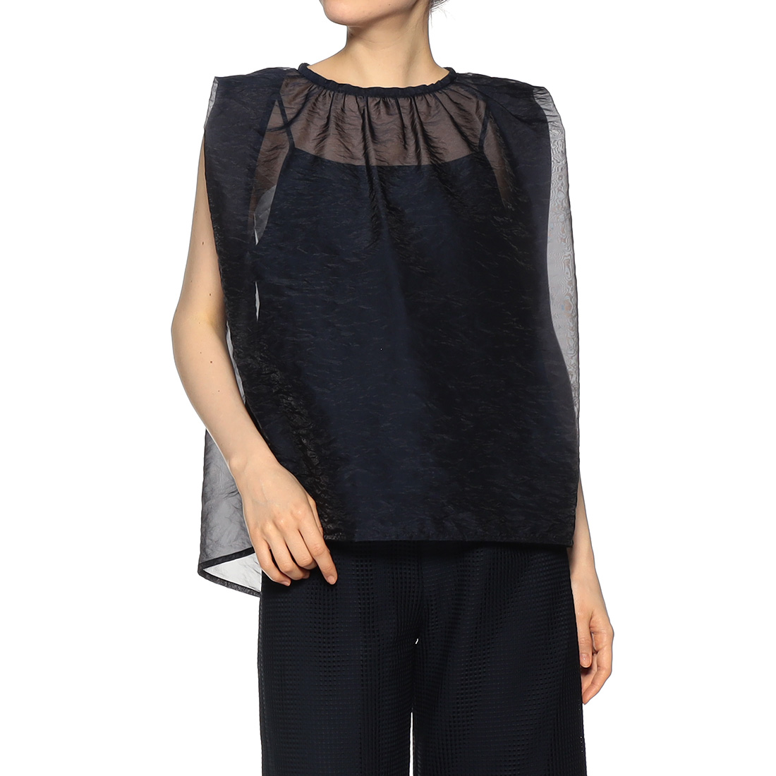 シアー素材 バッグリボンブラウス (インナーキャミソール付)