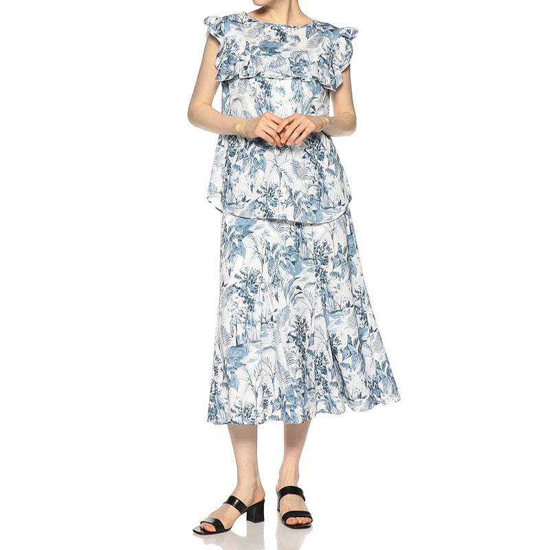 BARNEYS NEW YORK セットアップ プリントフレアスカート WHITE