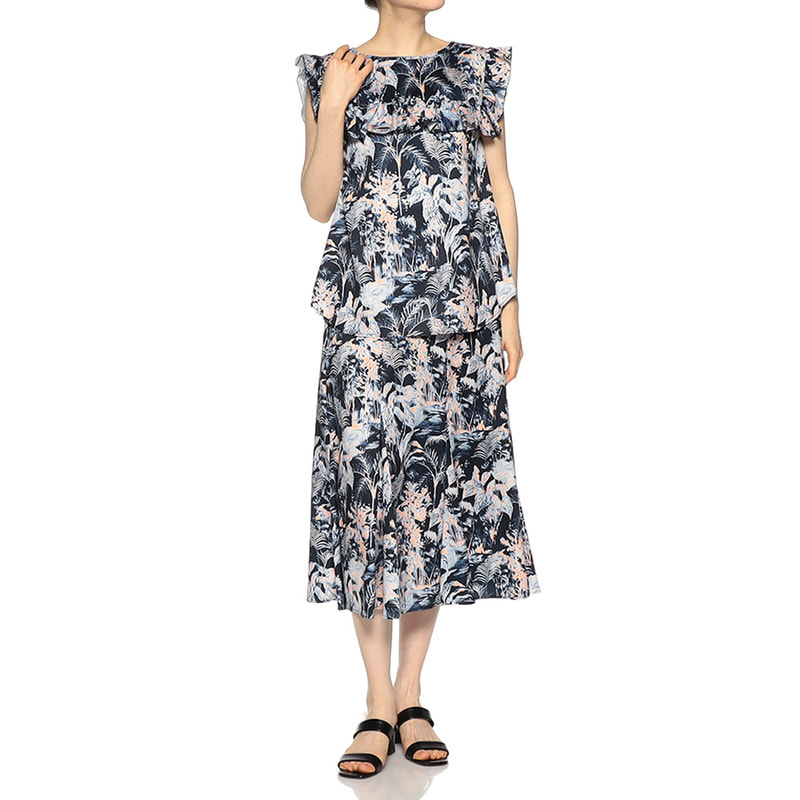 BARNEYS NEW YORK セットアップ プリントフレアスカート NAVY