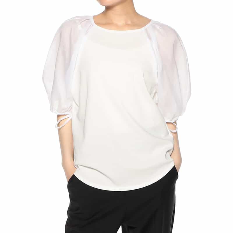 BARNEYS NEW YORK ウォッシャブル  異素材コンビネーション リボン付きボリュームスリーブカットソー WHITE