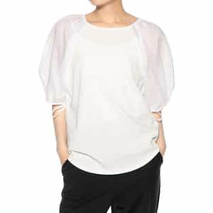 ウォッシャブル  異素材コンビネーション リボン付きボリュームスリーブカットソー