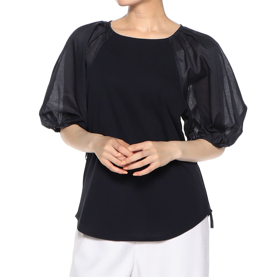 ウォッシャブル  異素材コンビネーション リボン付きボリュームスリーブカットソー