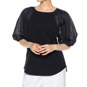 ウォッシャブル  異素材コンビネーション リボン付きボリュームスリーブカットソー