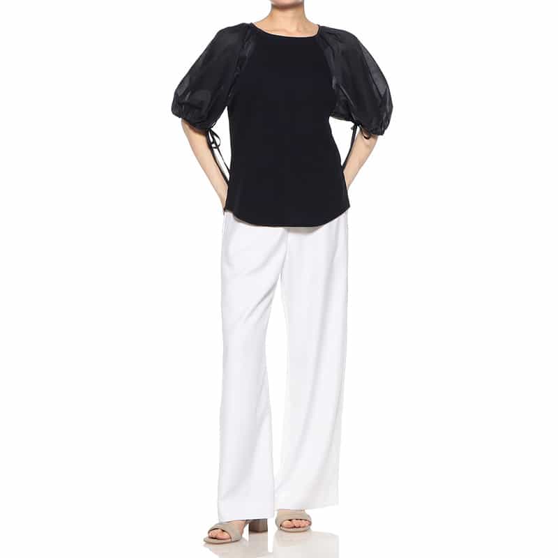 BARNEYS NEW YORK ウォッシャブル  異素材コンビネーション リボン付きボリュームスリーブカットソー NAVY