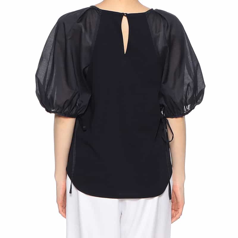 BARNEYS NEW YORK ウォッシャブル  異素材コンビネーション リボン付きボリュームスリーブカットソー NAVY