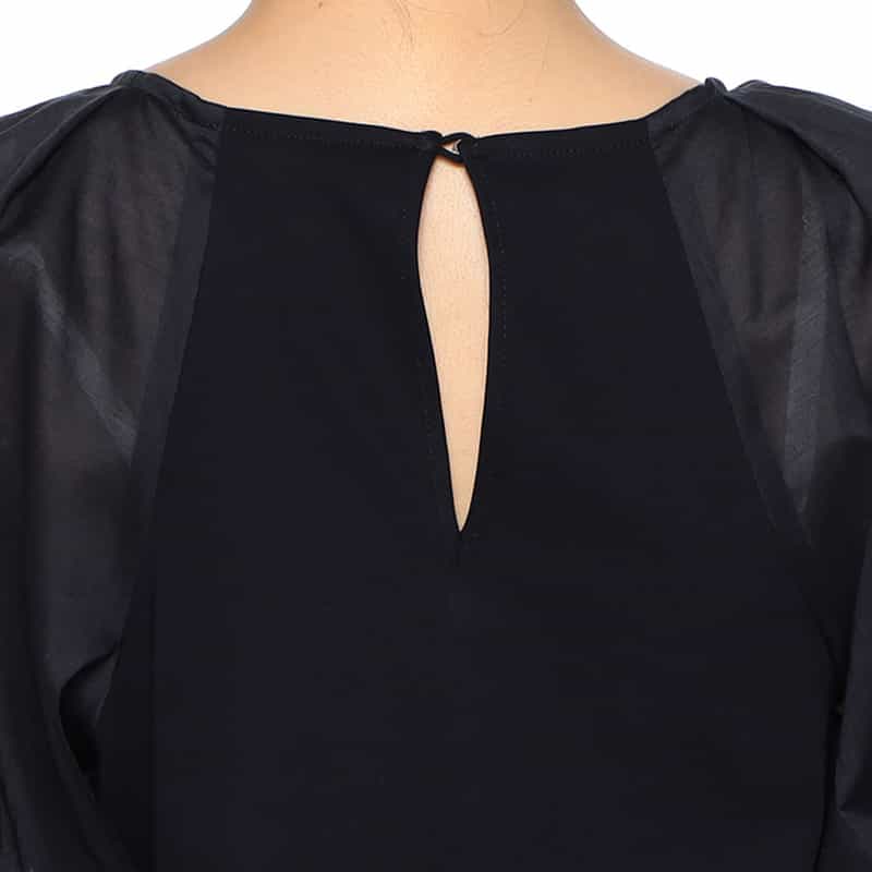 BARNEYS NEW YORK ウォッシャブル  異素材コンビネーション リボン付きボリュームスリーブカットソー NAVY