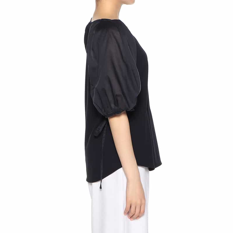 BARNEYS NEW YORK ウォッシャブル  異素材コンビネーション リボン付きボリュームスリーブカットソー NAVY