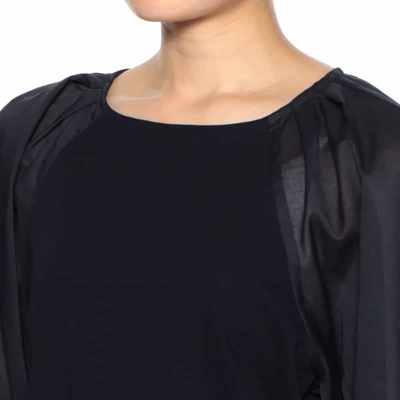 BARNEYS NEW YORK ウォッシャブル  異素材コンビネーション リボン付きボリュームスリーブカットソー NAVY