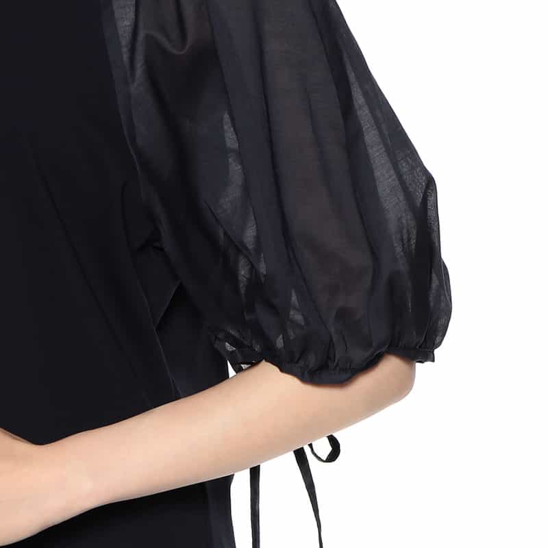 BARNEYS NEW YORK ウォッシャブル  異素材コンビネーション リボン付きボリュームスリーブカットソー NAVY