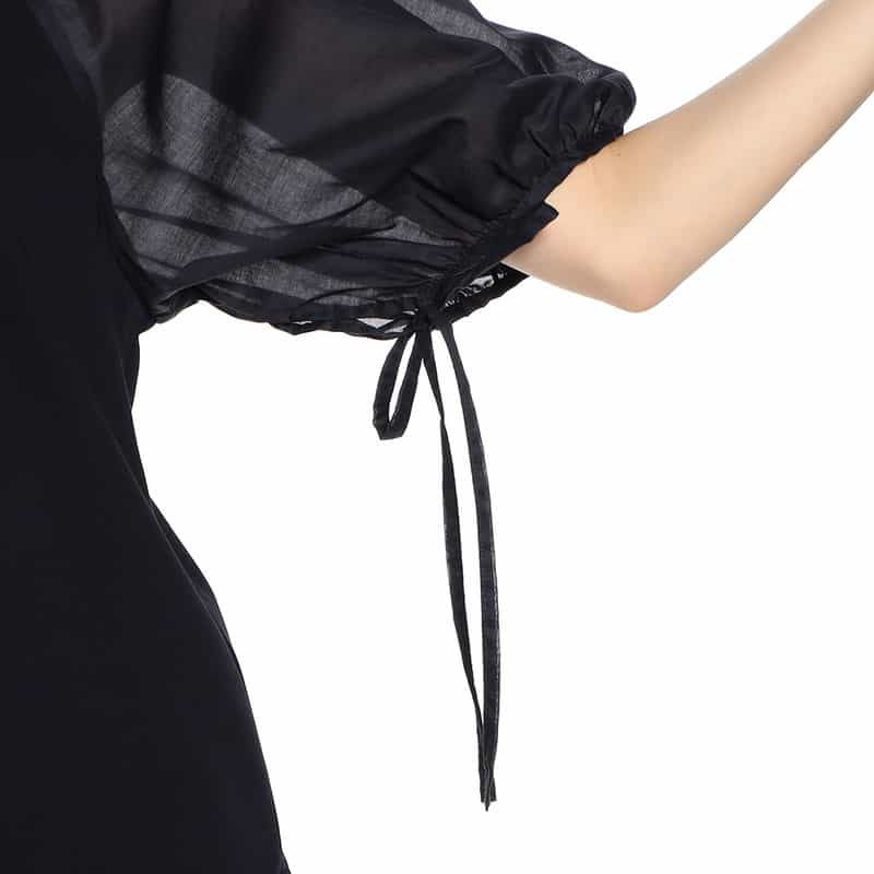 BARNEYS NEW YORK ウォッシャブル  異素材コンビネーション リボン付きボリュームスリーブカットソー NAVY