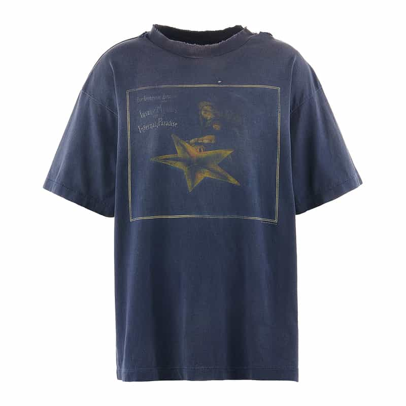 SAINT MXXXXXX ヴィンテージ加工プリントTシャツ NAVY