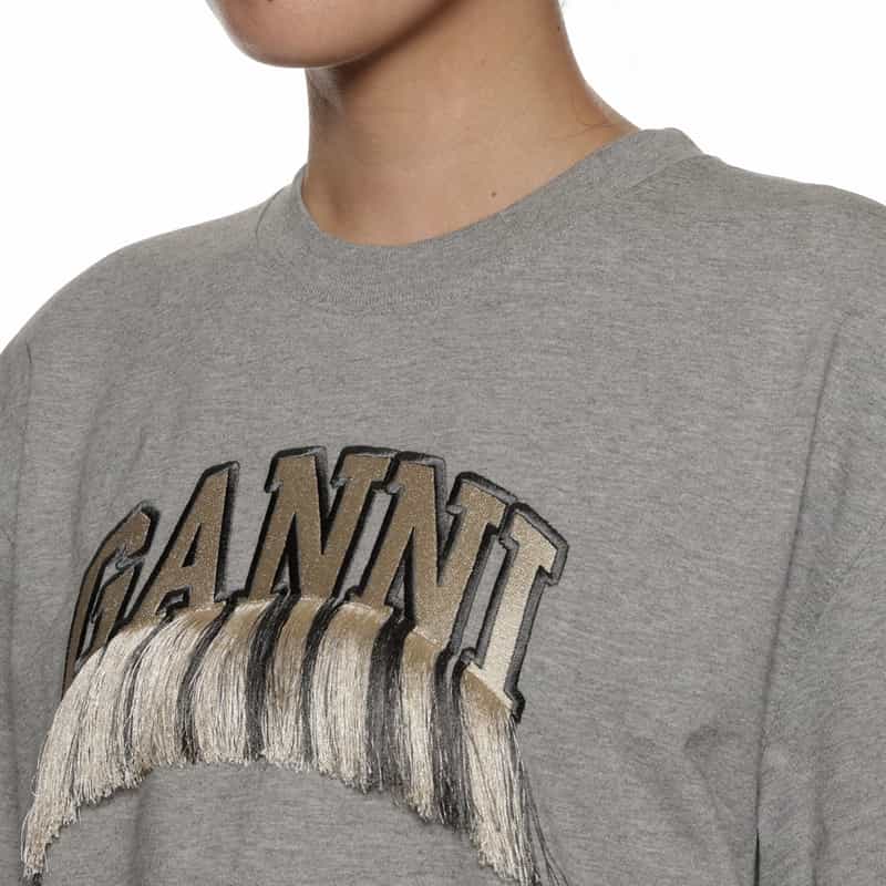 GANNI エンブロイダリーロゴ フリンジTシャツ GRAY
