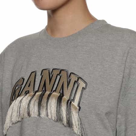 *GANNI* ロゴ刺繍フリンジTシャツ トップ エンブロイダリーロゴ フリンジTシャツ(2224056)|GANNI