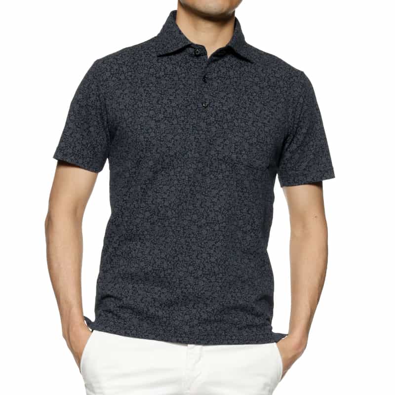 BARNEYS NEW YORK スモールフラワープリント鹿の子ポロシャツ NAVY