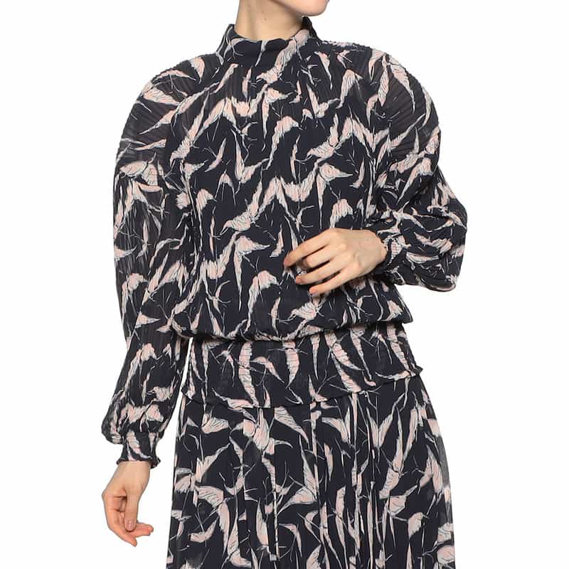 CORCOVADO 限定プリント シフォン素材プリーツブラウス BLACK