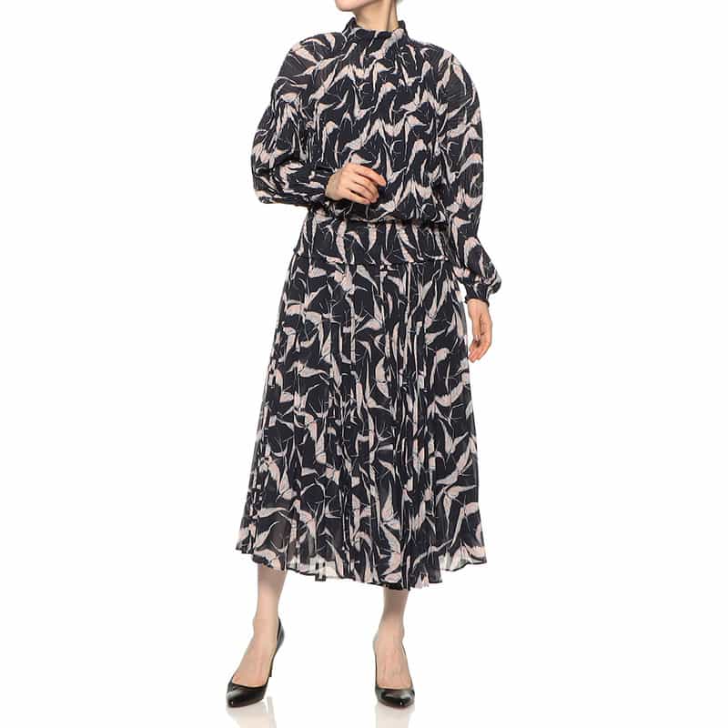 CORCOVADO 限定プリント シフォン素材プリーツブラウス BLACK