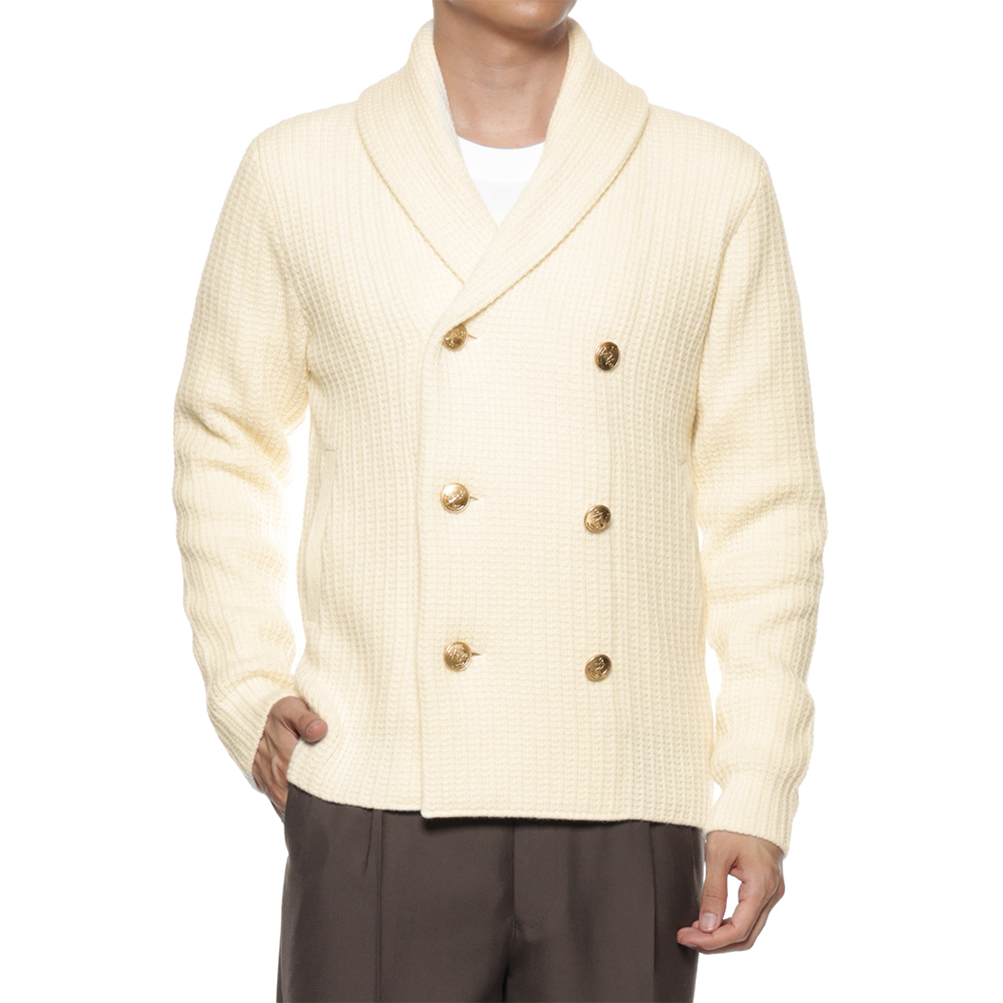 ウール素材ダブルブレスト ニットショールカーディガン