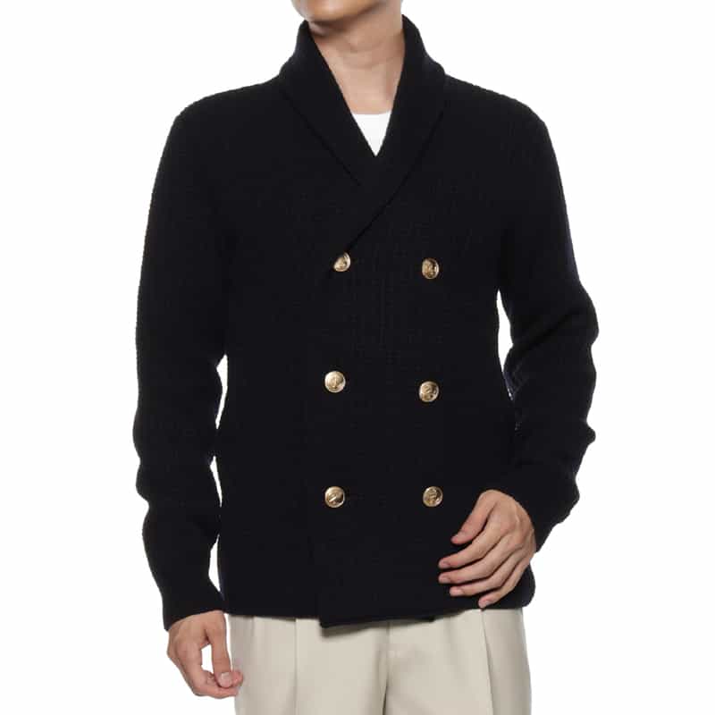 BARNEYS NEW YORK ウール素材ダブルブレスト ニットショールカーディガン NAVY